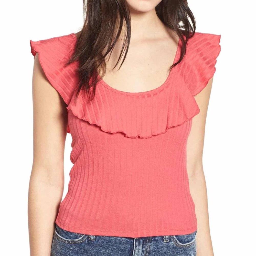 BP Teal Lettuce Ruffle Hem Scoop Neck Rib Tank Top - Picture 7 of 7